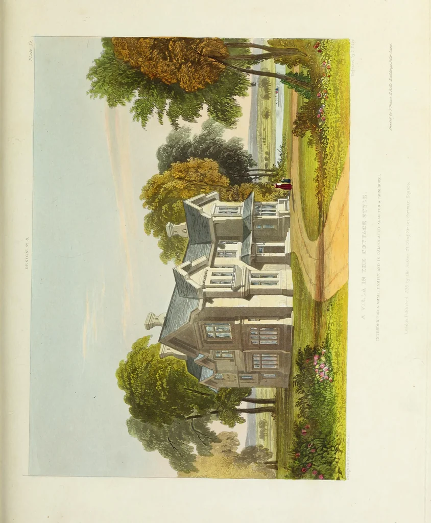 An illustration from Domestic architecture, being a series of designs for mansions, villas, rectory houses, parsonage houses, bailiffs' lodge, gardener's lodge, game-keeper's lodge, park gate lodges, etc. in the Grecian, Italian, and old English styles of architecture. With observations on the appropriate choice of site; the whole designed with strict reference to the practicability of erection, and with due attention to the important consideration of uniting elegance, convenience and domestic comfort with economy ... With accurate estimates appended to each design, 1833, leaf 181