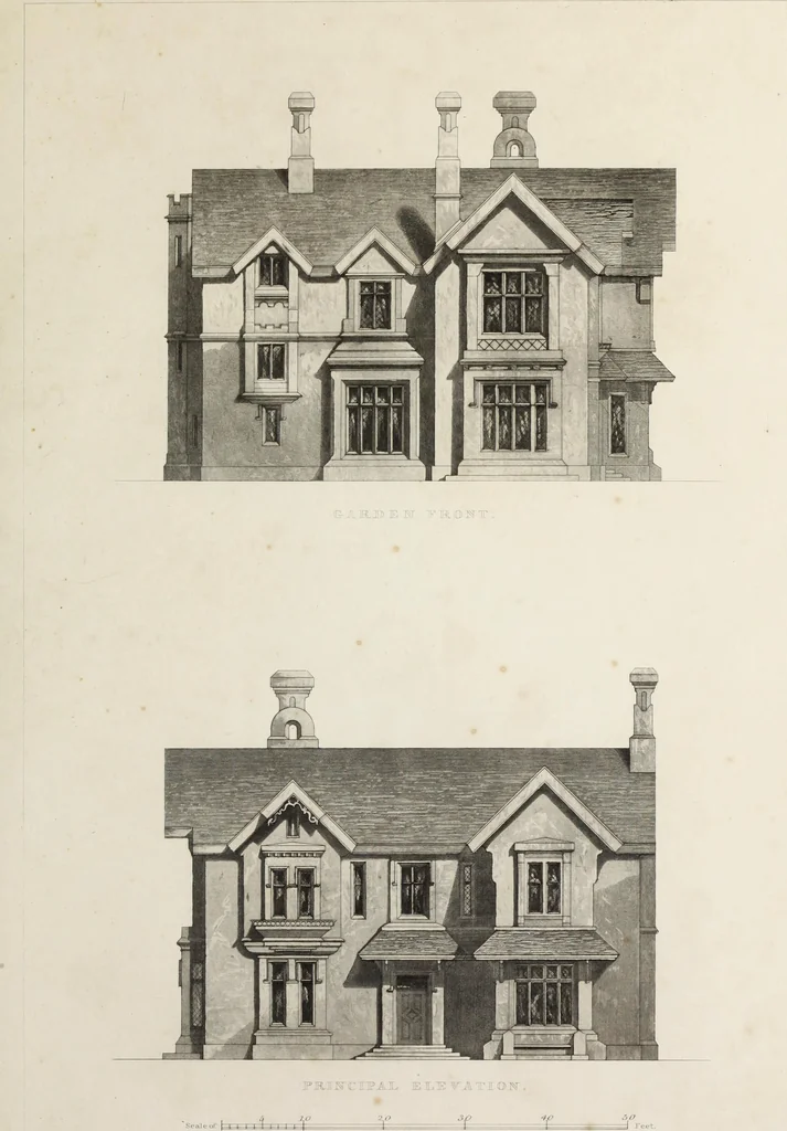 An illustration from Domestic architecture, being a series of designs for mansions, villas, rectory houses, parsonage houses, bailiffs' lodge, gardener's lodge, game-keeper's lodge, park gate lodges, etc. in the Grecian, Italian, and old English styles of architecture. With observations on the appropriate choice of site; the whole designed with strict reference to the practicability of erection, and with due attention to the important consideration of uniting elegance, convenience and domestic comfort with economy ... With accurate estimates appended to each design, 1833, leaf 183