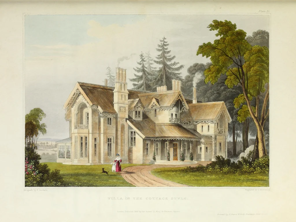 An illustration from Domestic architecture, being a series of designs for mansions, villas, rectory houses, parsonage houses, bailiffs' lodge, gardener's lodge, game-keeper's lodge, park gate lodges, etc. in the Grecian, Italian, and old English styles of architecture. With observations on the appropriate choice of site; the whole designed with strict reference to the practicability of erection, and with due attention to the important consideration of uniting elegance, convenience and domestic comfort with economy ... With accurate estimates appended to each design, 1833, leaf 189