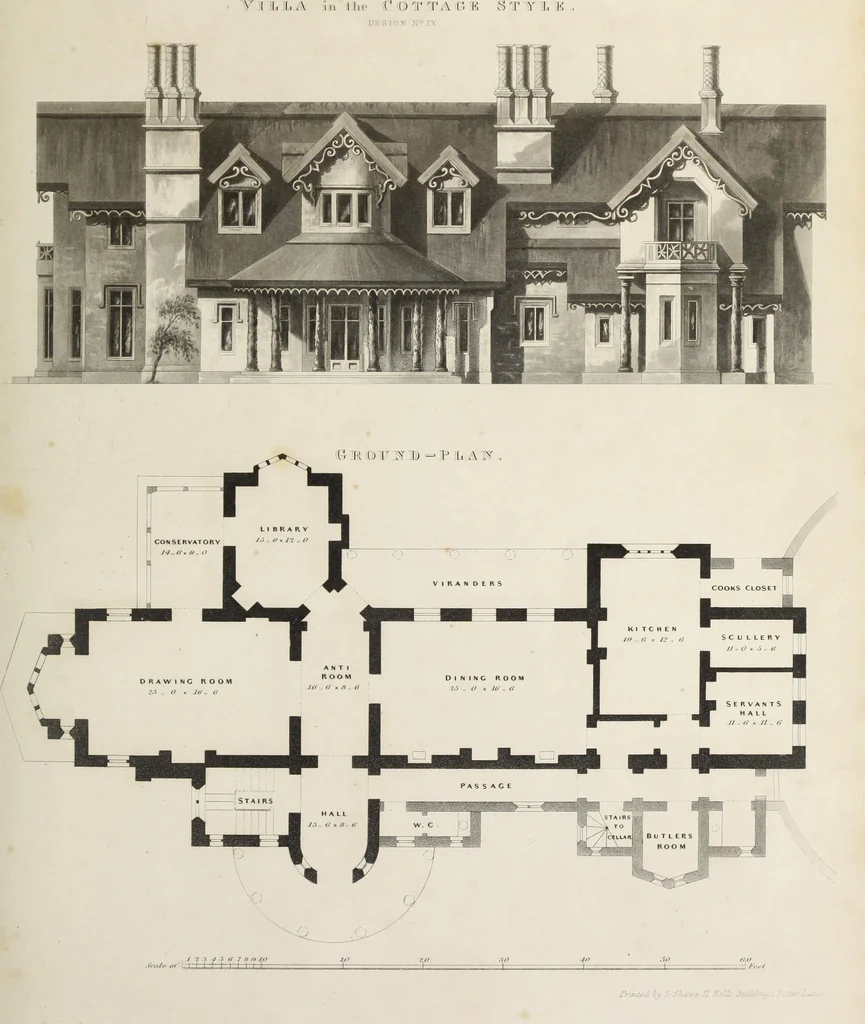An illustration from Domestic architecture, being a series of designs for mansions, villas, rectory houses, parsonage houses, bailiffs' lodge, gardener's lodge, game-keeper's lodge, park gate lodges, etc. in the Grecian, Italian, and old English styles of architecture. With observations on the appropriate choice of site; the whole designed with strict reference to the practicability of erection, and with due attention to the important consideration of uniting elegance, convenience and domestic comfort with economy ... With accurate estimates appended to each design, 1833, leaf 191