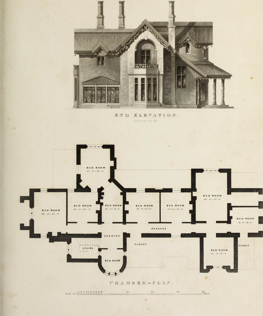 An illustration from Domestic architecture, being a series of designs for mansions, villas, rectory houses, parsonage houses, bailiffs' lodge, gardener's lodge, game-keeper's lodge, park gate lodges, etc. in the Grecian, Italian, and old English styles of architecture. With observations on the appropriate choice of site; the whole designed with strict reference to the practicability of erection, and with due attention to the important consideration of uniting elegance, convenience and domestic comfort with economy ... With accurate estimates appended to each design, 1833, leaf 193