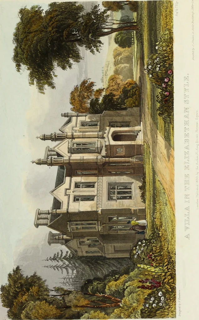 An illustration from Domestic architecture, being a series of designs for mansions, villas, rectory houses, parsonage houses, bailiffs' lodge, gardener's lodge, game-keeper's lodge, park gate lodges, etc. in the Grecian, Italian, and old English styles of architecture. With observations on the appropriate choice of site; the whole designed with strict reference to the practicability of erection, and with due attention to the important consideration of uniting elegance, convenience and domestic comfort with economy ... With accurate estimates appended to each design, 1833, leaf 199