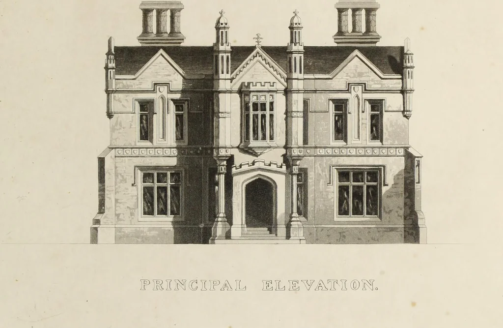 An illustration from Domestic architecture, being a series of designs for mansions, villas, rectory houses, parsonage houses, bailiffs' lodge, gardener's lodge, game-keeper's lodge, park gate lodges, etc. in the Grecian, Italian, and old English styles of architecture. With observations on the appropriate choice of site; the whole designed with strict reference to the practicability of erection, and with due attention to the important consideration of uniting elegance, convenience and domestic comfort with economy ... With accurate estimates appended to each design, 1833, leaf 201