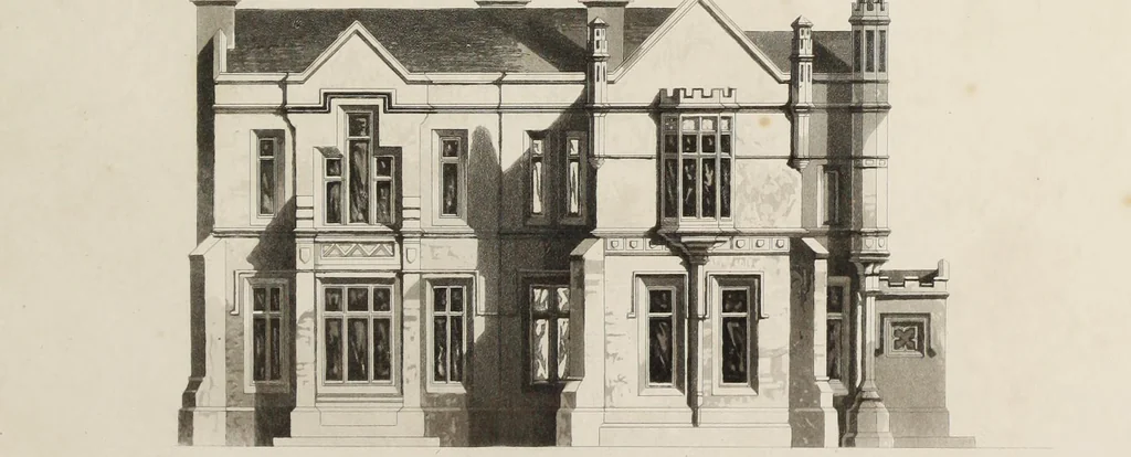 An illustration from Domestic architecture, being a series of designs for mansions, villas, rectory houses, parsonage houses, bailiffs' lodge, gardener's lodge, game-keeper's lodge, park gate lodges, etc. in the Grecian, Italian, and old English styles of architecture. With observations on the appropriate choice of site; the whole designed with strict reference to the practicability of erection, and with due attention to the important consideration of uniting elegance, convenience and domestic comfort with economy ... With accurate estimates appended to each design, 1833, leaf 201