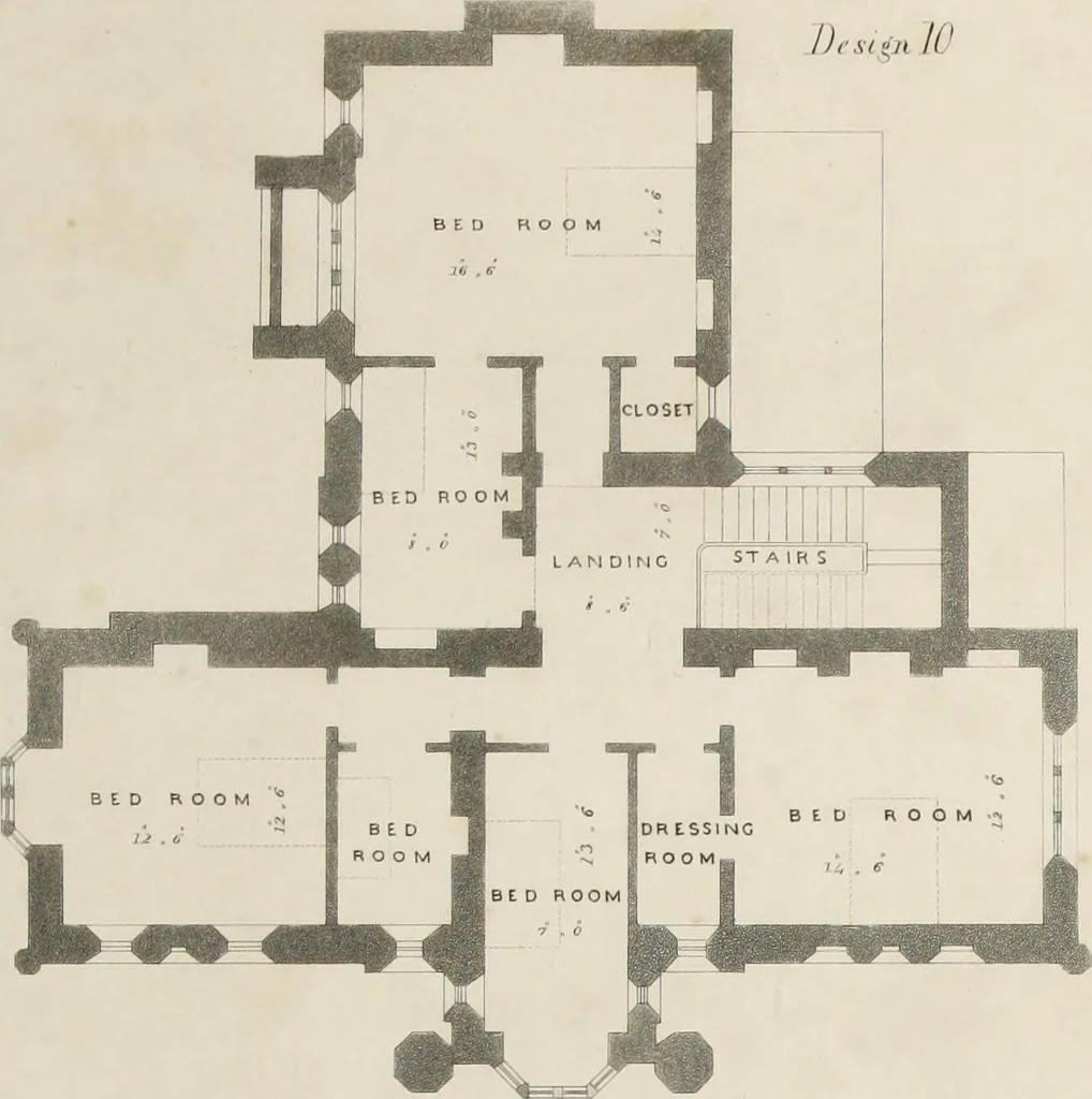 An illustration from Domestic architecture, being a series of designs for mansions, villas, rectory houses, parsonage houses, bailiffs' lodge, gardener's lodge, game-keeper's lodge, park gate lodges, etc. in the Grecian, Italian, and old English styles of architecture. With observations on the appropriate choice of site; the whole designed with strict reference to the practicability of erection, and with due attention to the important consideration of uniting elegance, convenience and domestic comfort with economy ... With accurate estimates appended to each design, 1833, leaf 203