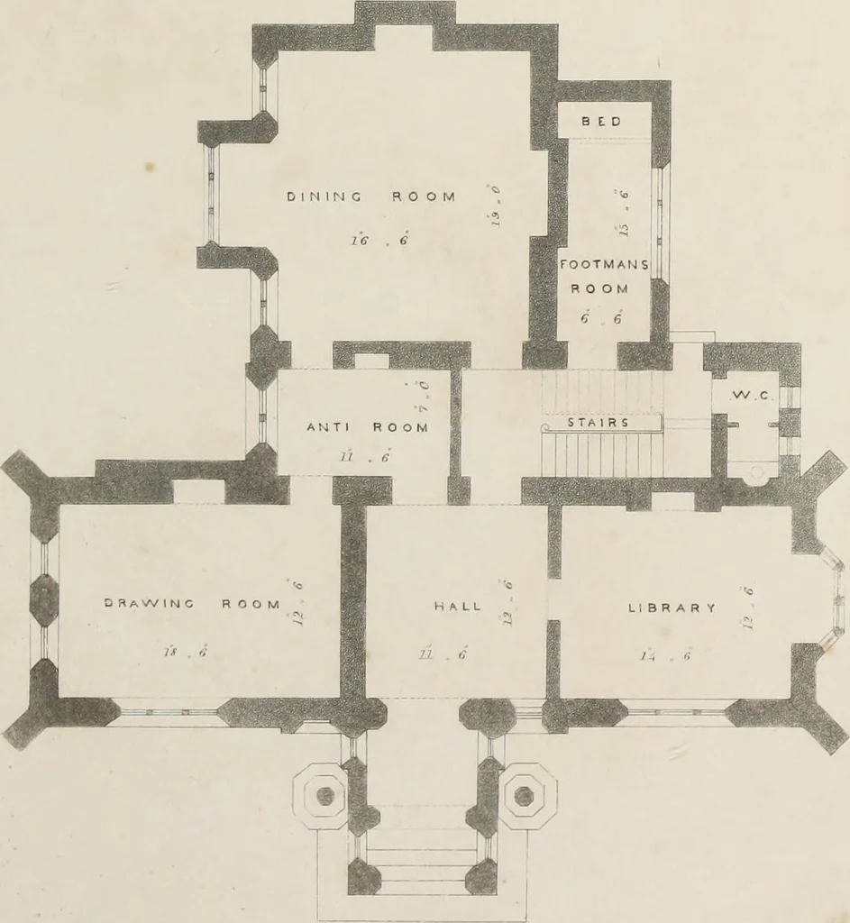 An illustration from Domestic architecture, being a series of designs for mansions, villas, rectory houses, parsonage houses, bailiffs' lodge, gardener's lodge, game-keeper's lodge, park gate lodges, etc. in the Grecian, Italian, and old English styles of architecture. With observations on the appropriate choice of site; the whole designed with strict reference to the practicability of erection, and with due attention to the important consideration of uniting elegance, convenience and domestic comfort with economy ... With accurate estimates appended to each design, 1833, leaf 203