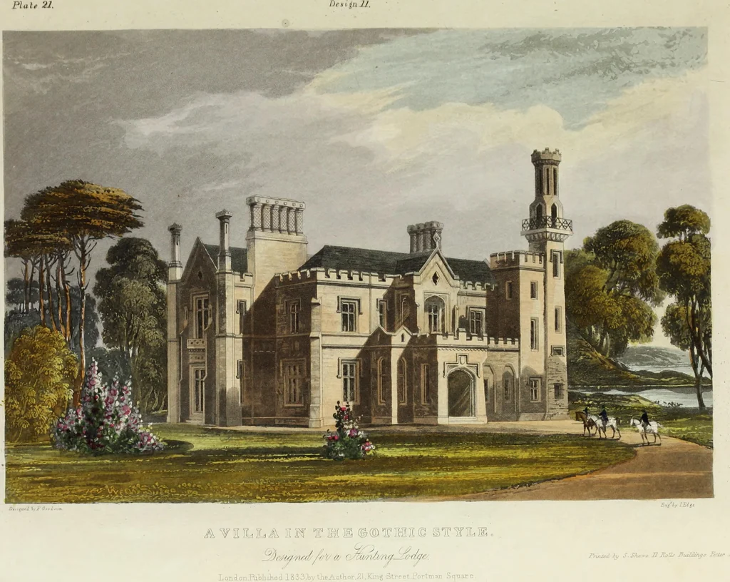 An illustration from Domestic architecture, being a series of designs for mansions, villas, rectory houses, parsonage houses, bailiffs' lodge, gardener's lodge, game-keeper's lodge, park gate lodges, etc. in the Grecian, Italian, and old English styles of architecture. With observations on the appropriate choice of site; the whole designed with strict reference to the practicability of erection, and with due attention to the important consideration of uniting elegance, convenience and domestic comfort with economy ... With accurate estimates appended to each design, 1833, leaf 209