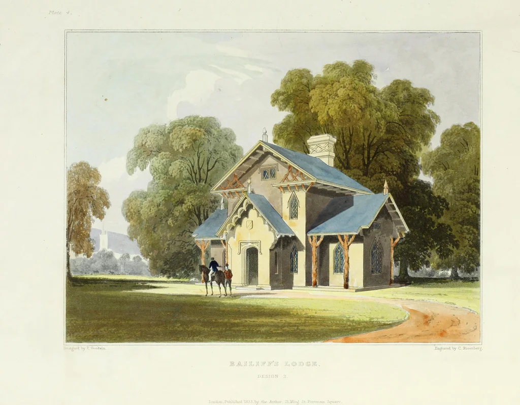 An illustration from Domestic architecture, being a series of designs for mansions, villas, rectory houses, parsonage houses, bailiffs' lodge, gardener's lodge, game-keeper's lodge, park gate lodges, etc. in the Grecian, Italian, and old English styles of architecture. With observations on the appropriate choice of site; the whole designed with strict reference to the practicability of erection, and with due attention to the important consideration of uniting elegance, convenience and domestic comfort with economy ... With accurate estimates appended to each design, 1833, leaf 21