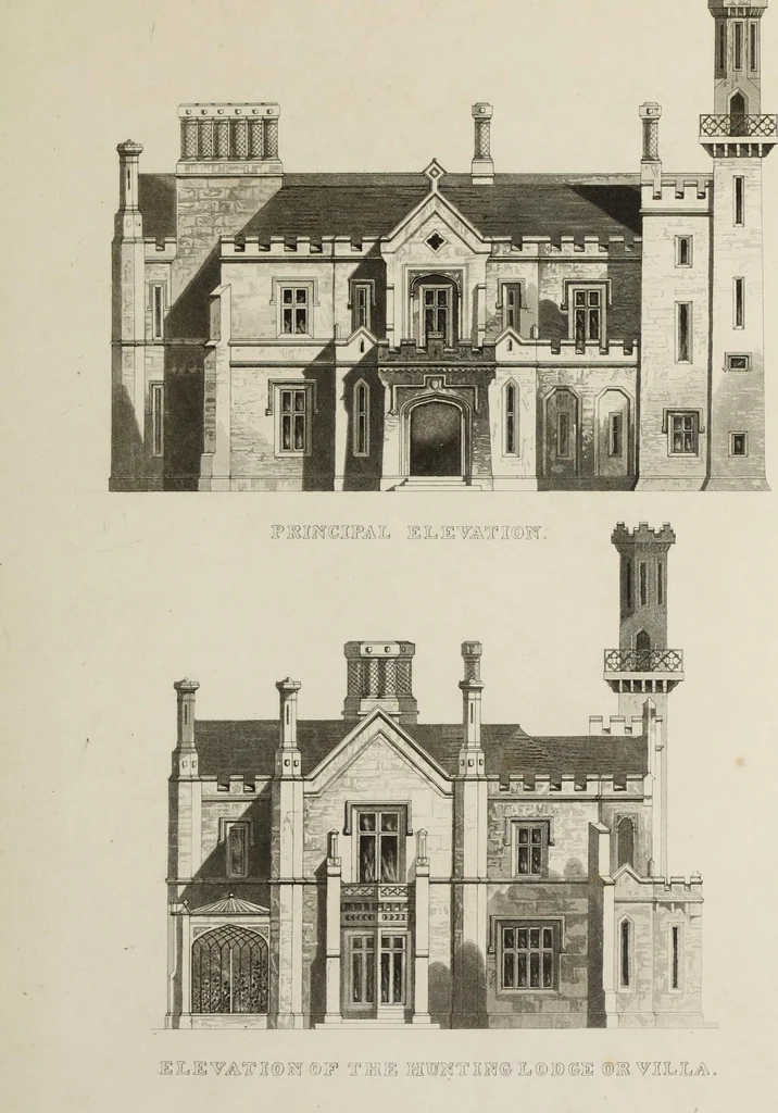 An illustration from Domestic architecture, being a series of designs for mansions, villas, rectory houses, parsonage houses, bailiffs' lodge, gardener's lodge, game-keeper's lodge, park gate lodges, etc. in the Grecian, Italian, and old English styles of architecture. With observations on the appropriate choice of site; the whole designed with strict reference to the practicability of erection, and with due attention to the important consideration of uniting elegance, convenience and domestic comfort with economy ... With accurate estimates appended to each design, 1833, leaf 211