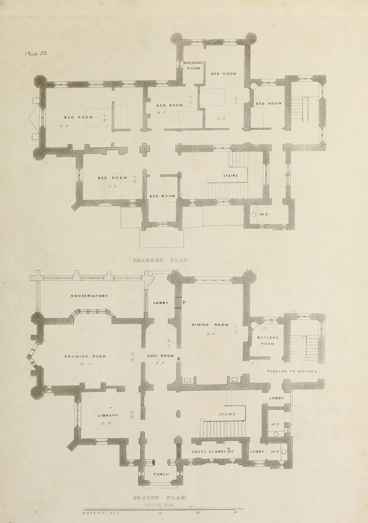 An illustration from Domestic architecture, being a series of designs for mansions, villas, rectory houses, parsonage houses, bailiffs' lodge, gardener's lodge, game-keeper's lodge, park gate lodges, etc. in the Grecian, Italian, and old English styles of architecture. With observations on the appropriate choice of site; the whole designed with strict reference to the practicability of erection, and with due attention to the important consideration of uniting elegance, convenience and domestic comfort with economy ... With accurate estimates appended to each design, 1833, leaf 213