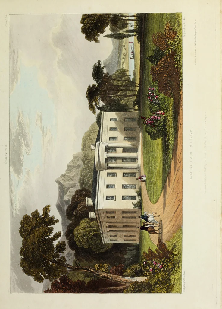 An illustration from Domestic architecture, being a series of designs for mansions, villas, rectory houses, parsonage houses, bailiffs' lodge, gardener's lodge, game-keeper's lodge, park gate lodges, etc. in the Grecian, Italian, and old English styles of architecture. With observations on the appropriate choice of site; the whole designed with strict reference to the practicability of erection, and with due attention to the important consideration of uniting elegance, convenience and domestic comfort with economy ... With accurate estimates appended to each design, 1833, leaf 219
