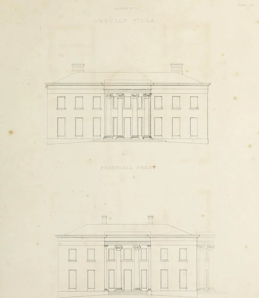 An illustration from Domestic architecture, being a series of designs for mansions, villas, rectory houses, parsonage houses, bailiffs' lodge, gardener's lodge, game-keeper's lodge, park gate lodges, etc. in the Grecian, Italian, and old English styles of architecture. With observations on the appropriate choice of site; the whole designed with strict reference to the practicability of erection, and with due attention to the important consideration of uniting elegance, convenience and domestic comfort with economy ... With accurate estimates appended to each design, 1833, leaf 221
