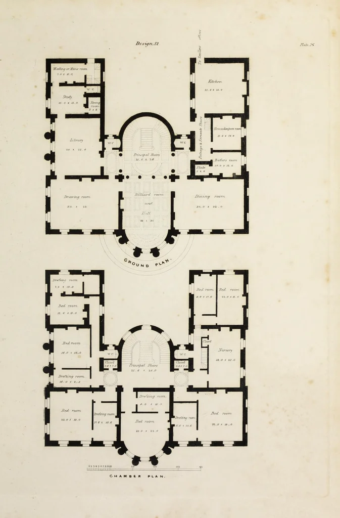 An illustration from Domestic architecture, being a series of designs for mansions, villas, rectory houses, parsonage houses, bailiffs' lodge, gardener's lodge, game-keeper's lodge, park gate lodges, etc. in the Grecian, Italian, and old English styles of architecture. With observations on the appropriate choice of site; the whole designed with strict reference to the practicability of erection, and with due attention to the important consideration of uniting elegance, convenience and domestic comfort with economy ... With accurate estimates appended to each design, 1833, leaf 223