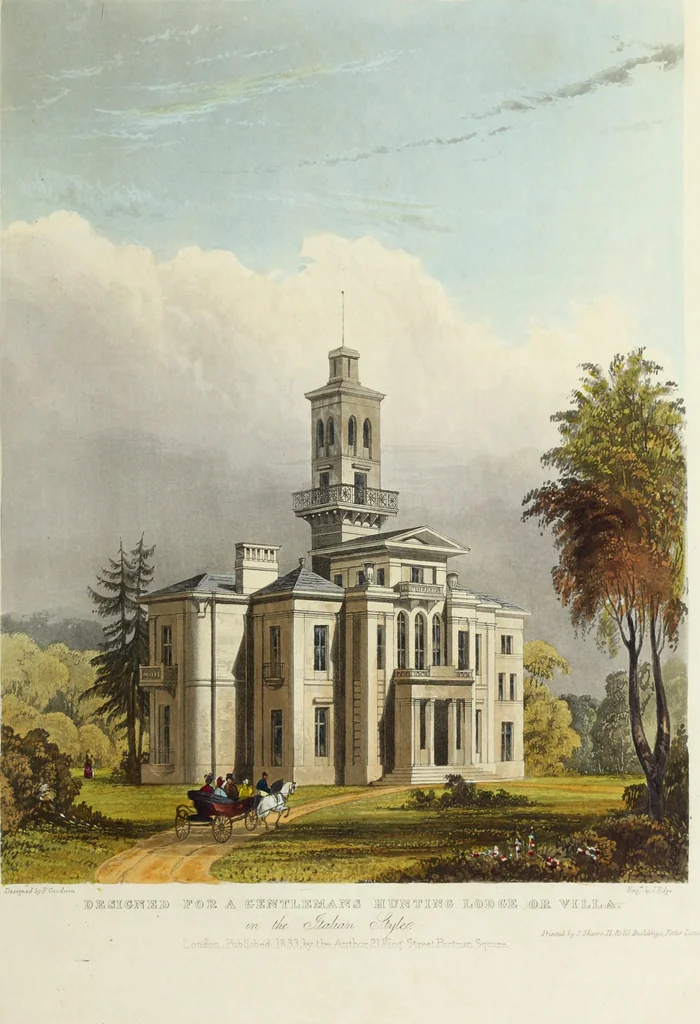An illustration from Domestic architecture, being a series of designs for mansions, villas, rectory houses, parsonage houses, bailiffs' lodge, gardener's lodge, game-keeper's lodge, park gate lodges, etc. in the Grecian, Italian, and old English styles of architecture. With observations on the appropriate choice of site; the whole designed with strict reference to the practicability of erection, and with due attention to the important consideration of uniting elegance, convenience and domestic comfort with economy ... With accurate estimates appended to each design, 1833, leaf 229
