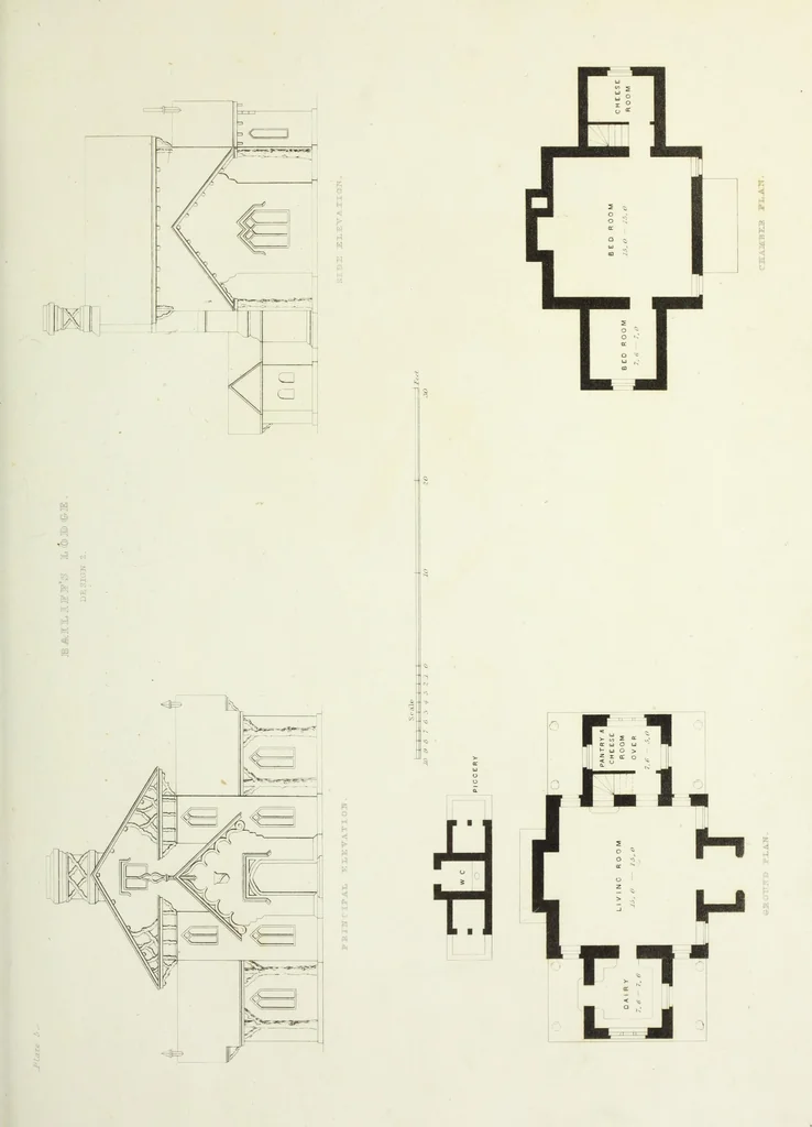 An illustration from Domestic architecture, being a series of designs for mansions, villas, rectory houses, parsonage houses, bailiffs' lodge, gardener's lodge, game-keeper's lodge, park gate lodges, etc. in the Grecian, Italian, and old English styles of architecture. With observations on the appropriate choice of site; the whole designed with strict reference to the practicability of erection, and with due attention to the important consideration of uniting elegance, convenience and domestic comfort with economy ... With accurate estimates appended to each design, 1833, leaf 23