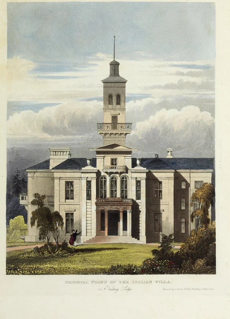 An illustration from Domestic architecture, being a series of designs for mansions, villas, rectory houses, parsonage houses, bailiffs' lodge, gardener's lodge, game-keeper's lodge, park gate lodges, etc. in the Grecian, Italian, and old English styles of architecture. With observations on the appropriate choice of site; the whole designed with strict reference to the practicability of erection, and with due attention to the important consideration of uniting elegance, convenience and domestic comfort with economy ... With accurate estimates appended to each design, 1833, leaf 231