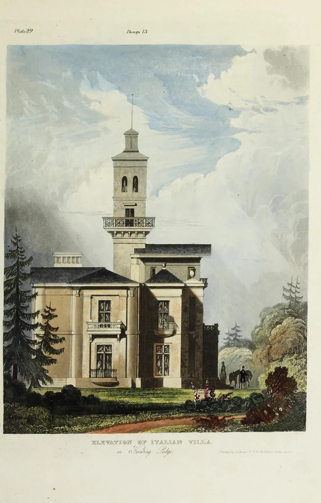 An illustration from Domestic architecture, being a series of designs for mansions, villas, rectory houses, parsonage houses, bailiffs' lodge, gardener's lodge, game-keeper's lodge, park gate lodges, etc. in the Grecian, Italian, and old English styles of architecture. With observations on the appropriate choice of site; the whole designed with strict reference to the practicability of erection, and with due attention to the important consideration of uniting elegance, convenience and domestic comfort with economy ... With accurate estimates appended to each design, 1833, leaf 233