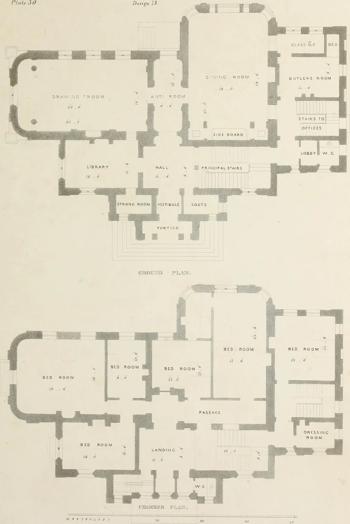 An illustration from Domestic architecture, being a series of designs for mansions, villas, rectory houses, parsonage houses, bailiffs' lodge, gardener's lodge, game-keeper's lodge, park gate lodges, etc. in the Grecian, Italian, and old English styles of architecture. With observations on the appropriate choice of site; the whole designed with strict reference to the practicability of erection, and with due attention to the important consideration of uniting elegance, convenience and domestic comfort with economy ... With accurate estimates appended to each design, 1833, leaf 235