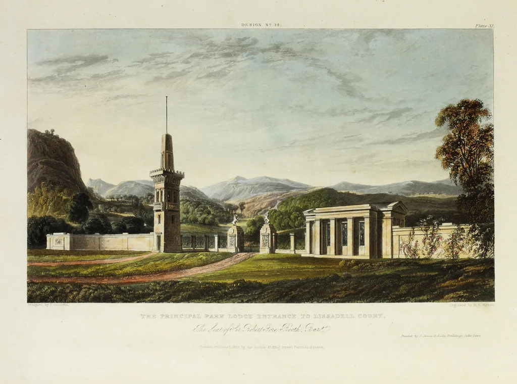An illustration from Domestic architecture, being a series of designs for mansions, villas, rectory houses, parsonage houses, bailiffs' lodge, gardener's lodge, game-keeper's lodge, park gate lodges, etc. in the Grecian, Italian, and old English styles of architecture. With observations on the appropriate choice of site; the whole designed with strict reference to the practicability of erection, and with due attention to the important consideration of uniting elegance, convenience and domestic comfort with economy ... With accurate estimates appended to each design, 1833, leaf 239