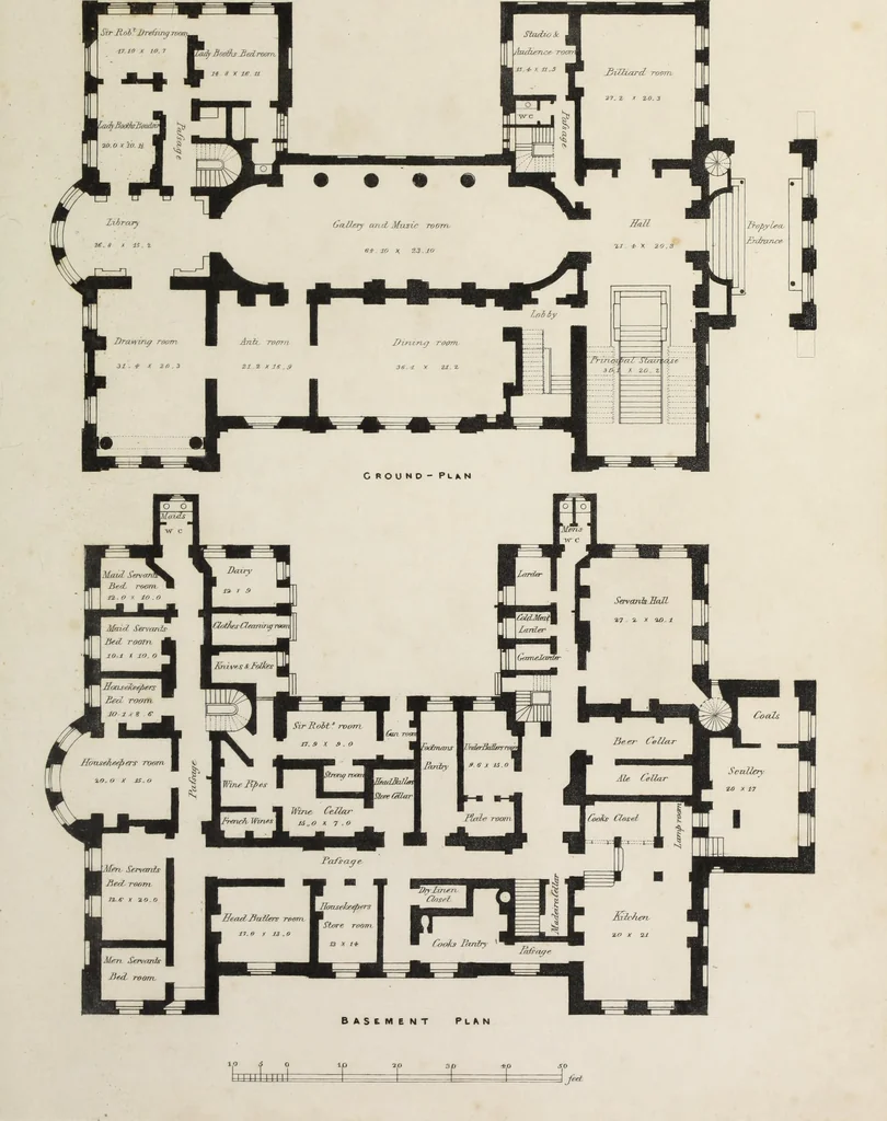 An illustration from Domestic architecture, being a series of designs for mansions, villas, rectory houses, parsonage houses, bailiffs' lodge, gardener's lodge, game-keeper's lodge, park gate lodges, etc. in the Grecian, Italian, and old English styles of architecture. With observations on the appropriate choice of site; the whole designed with strict reference to the practicability of erection, and with due attention to the important consideration of uniting elegance, convenience and domestic comfort with economy ... With accurate estimates appended to each design, 1833, leaf 249