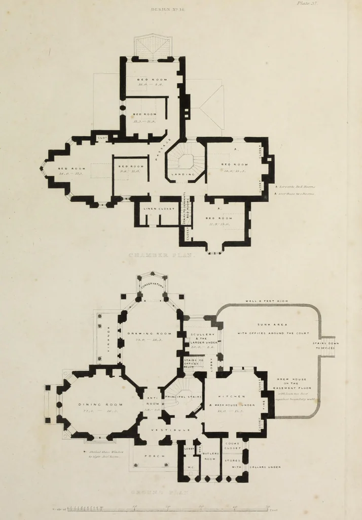 An illustration from Domestic architecture, being a series of designs for mansions, villas, rectory houses, parsonage houses, bailiffs' lodge, gardener's lodge, game-keeper's lodge, park gate lodges, etc. in the Grecian, Italian, and old English styles of architecture. With observations on the appropriate choice of site; the whole designed with strict reference to the practicability of erection, and with due attention to the important consideration of uniting elegance, convenience and domestic comfort with economy ... With accurate estimates appended to each design, 1833, leaf 259