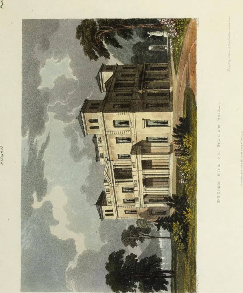 An illustration from Domestic architecture, being a series of designs for mansions, villas, rectory houses, parsonage houses, bailiffs' lodge, gardener's lodge, game-keeper's lodge, park gate lodges, etc. in the Grecian, Italian, and old English styles of architecture. With observations on the appropriate choice of site; the whole designed with strict reference to the practicability of erection, and with due attention to the important consideration of uniting elegance, convenience and domestic comfort with economy ... With accurate estimates appended to each design, 1833, leaf 265