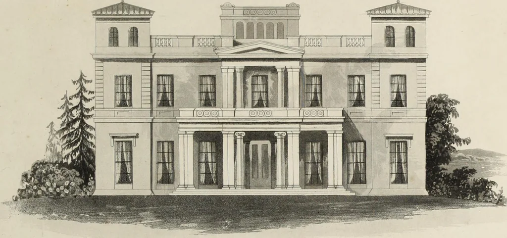 An illustration from Domestic architecture, being a series of designs for mansions, villas, rectory houses, parsonage houses, bailiffs' lodge, gardener's lodge, game-keeper's lodge, park gate lodges, etc. in the Grecian, Italian, and old English styles of architecture. With observations on the appropriate choice of site; the whole designed with strict reference to the practicability of erection, and with due attention to the important consideration of uniting elegance, convenience and domestic comfort with economy ... With accurate estimates appended to each design, 1833, leaf 267