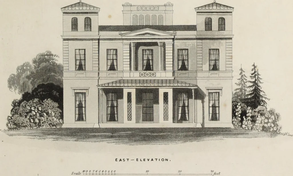 An illustration from Domestic architecture, being a series of designs for mansions, villas, rectory houses, parsonage houses, bailiffs' lodge, gardener's lodge, game-keeper's lodge, park gate lodges, etc. in the Grecian, Italian, and old English styles of architecture. With observations on the appropriate choice of site; the whole designed with strict reference to the practicability of erection, and with due attention to the important consideration of uniting elegance, convenience and domestic comfort with economy ... With accurate estimates appended to each design, 1833, leaf 267