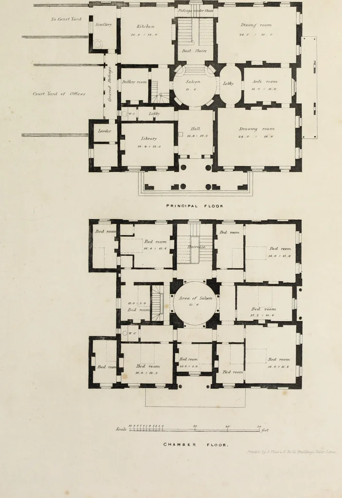 An illustration from Domestic architecture, being a series of designs for mansions, villas, rectory houses, parsonage houses, bailiffs' lodge, gardener's lodge, game-keeper's lodge, park gate lodges, etc. in the Grecian, Italian, and old English styles of architecture. With observations on the appropriate choice of site; the whole designed with strict reference to the practicability of erection, and with due attention to the important consideration of uniting elegance, convenience and domestic comfort with economy ... With accurate estimates appended to each design, 1833, leaf 269