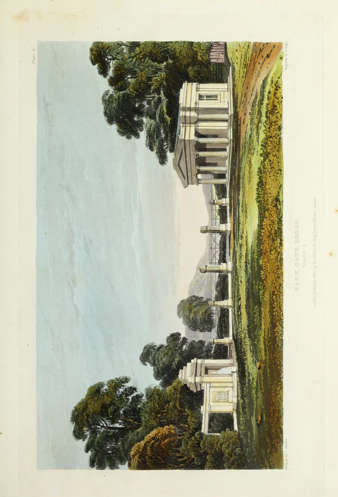 An illustration from Domestic architecture, being a series of designs for mansions, villas, rectory houses, parsonage houses, bailiffs' lodge, gardener's lodge, game-keeper's lodge, park gate lodges, etc. in the Grecian, Italian, and old English styles of architecture. With observations on the appropriate choice of site; the whole designed with strict reference to the practicability of erection, and with due attention to the important consideration of uniting elegance, convenience and domestic comfort with economy ... With accurate estimates appended to each design, 1833, leaf 27