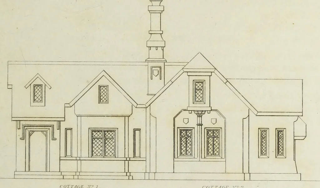 An illustration from Domestic architecture, being a series of designs for mansions, villas, rectory houses, parsonage houses, bailiffs' lodge, gardener's lodge, game-keeper's lodge, park gate lodges, etc. in the Grecian, Italian, and old English styles of architecture. With observations on the appropriate choice of site; the whole designed with strict reference to the practicability of erection, and with due attention to the important consideration of uniting elegance, convenience and domestic comfort with economy ... With accurate estimates appended to each design, 1833, leaf 273