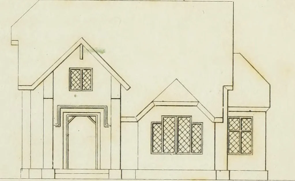 An illustration from Domestic architecture, being a series of designs for mansions, villas, rectory houses, parsonage houses, bailiffs' lodge, gardener's lodge, game-keeper's lodge, park gate lodges, etc. in the Grecian, Italian, and old English styles of architecture. With observations on the appropriate choice of site; the whole designed with strict reference to the practicability of erection, and with due attention to the important consideration of uniting elegance, convenience and domestic comfort with economy ... With accurate estimates appended to each design, 1833, leaf 273