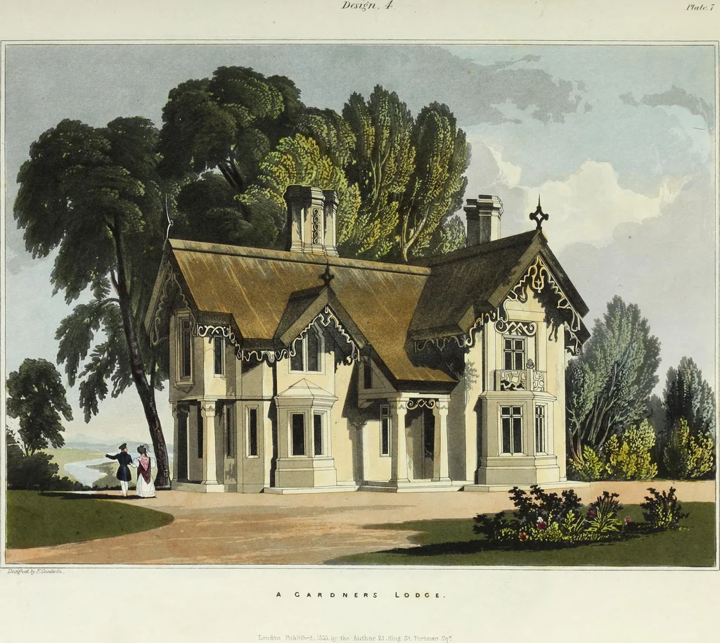 An illustration from Domestic architecture, being a series of designs for mansions, villas, rectory houses, parsonage houses, bailiffs' lodge, gardener's lodge, game-keeper's lodge, park gate lodges, etc. in the Grecian, Italian, and old English styles of architecture. With observations on the appropriate choice of site; the whole designed with strict reference to the practicability of erection, and with due attention to the important consideration of uniting elegance, convenience and domestic comfort with economy ... With accurate estimates appended to each design, 1833, leaf 31