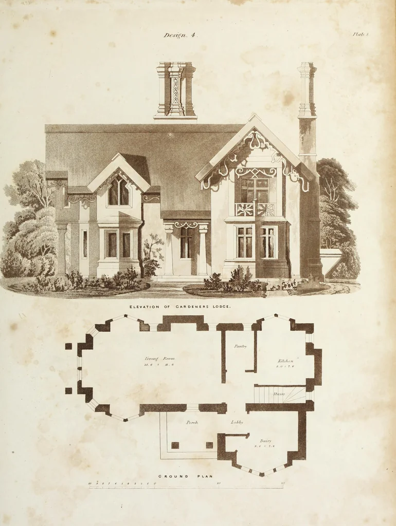 An illustration from Domestic architecture, being a series of designs for mansions, villas, rectory houses, parsonage houses, bailiffs' lodge, gardener's lodge, game-keeper's lodge, park gate lodges, etc. in the Grecian, Italian, and old English styles of architecture. With observations on the appropriate choice of site; the whole designed with strict reference to the practicability of erection, and with due attention to the important consideration of uniting elegance, convenience and domestic comfort with economy ... With accurate estimates appended to each design, 1833, leaf 33