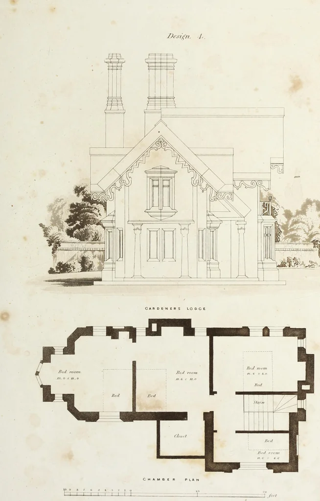 An illustration from Domestic architecture, being a series of designs for mansions, villas, rectory houses, parsonage houses, bailiffs' lodge, gardener's lodge, game-keeper's lodge, park gate lodges, etc. in the Grecian, Italian, and old English styles of architecture. With observations on the appropriate choice of site; the whole designed with strict reference to the practicability of erection, and with due attention to the important consideration of uniting elegance, convenience and domestic comfort with economy ... With accurate estimates appended to each design, 1833, leaf 35