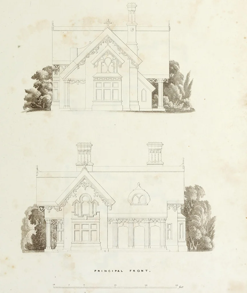 An illustration from Domestic architecture, being a series of designs for mansions, villas, rectory houses, parsonage houses, bailiffs' lodge, gardener's lodge, game-keeper's lodge, park gate lodges, etc. in the Grecian, Italian, and old English styles of architecture. With observations on the appropriate choice of site; the whole designed with strict reference to the practicability of erection, and with due attention to the important consideration of uniting elegance, convenience and domestic comfort with economy ... With accurate estimates appended to each design, 1833, leaf 41