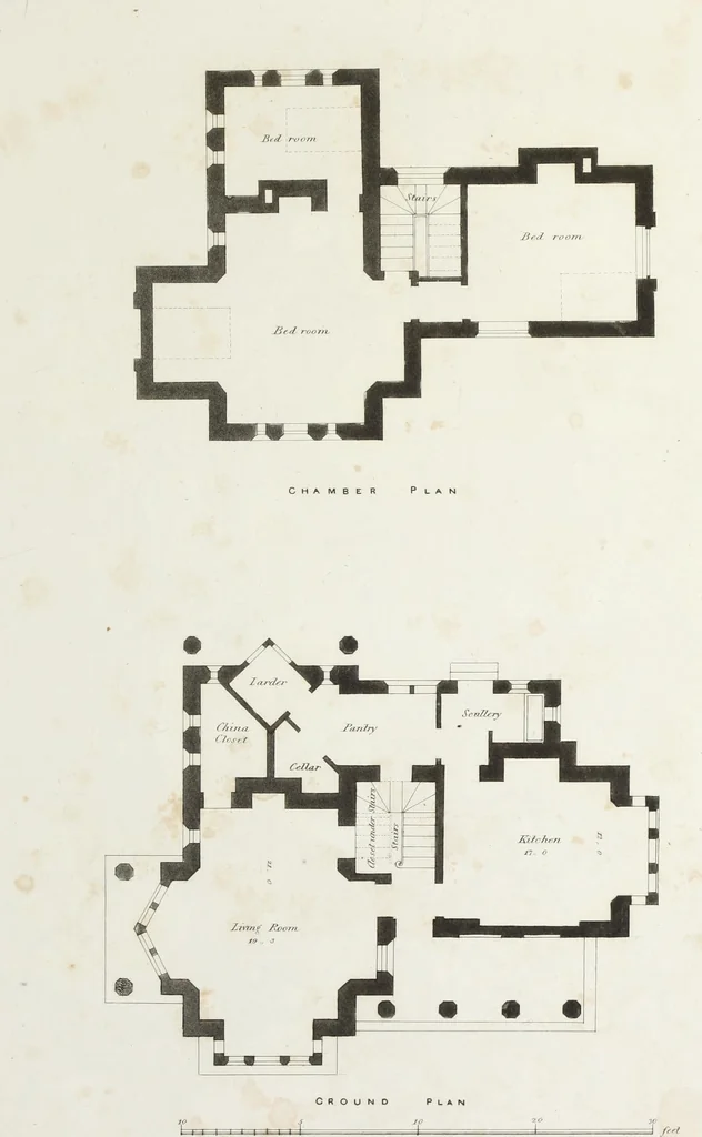 An illustration from Domestic architecture, being a series of designs for mansions, villas, rectory houses, parsonage houses, bailiffs' lodge, gardener's lodge, game-keeper's lodge, park gate lodges, etc. in the Grecian, Italian, and old English styles of architecture. With observations on the appropriate choice of site; the whole designed with strict reference to the practicability of erection, and with due attention to the important consideration of uniting elegance, convenience and domestic comfort with economy ... With accurate estimates appended to each design, 1833, leaf 43