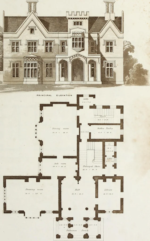 An illustration from Domestic architecture, being a series of designs for mansions, villas, rectory houses, parsonage houses, bailiffs' lodge, gardener's lodge, game-keeper's lodge, park gate lodges, etc. in the Grecian, Italian, and old English styles of architecture. With observations on the appropriate choice of site; the whole designed with strict reference to the practicability of erection, and with due attention to the important consideration of uniting elegance, convenience and domestic comfort with economy ... With accurate estimates appended to each design, 1833, leaf 49