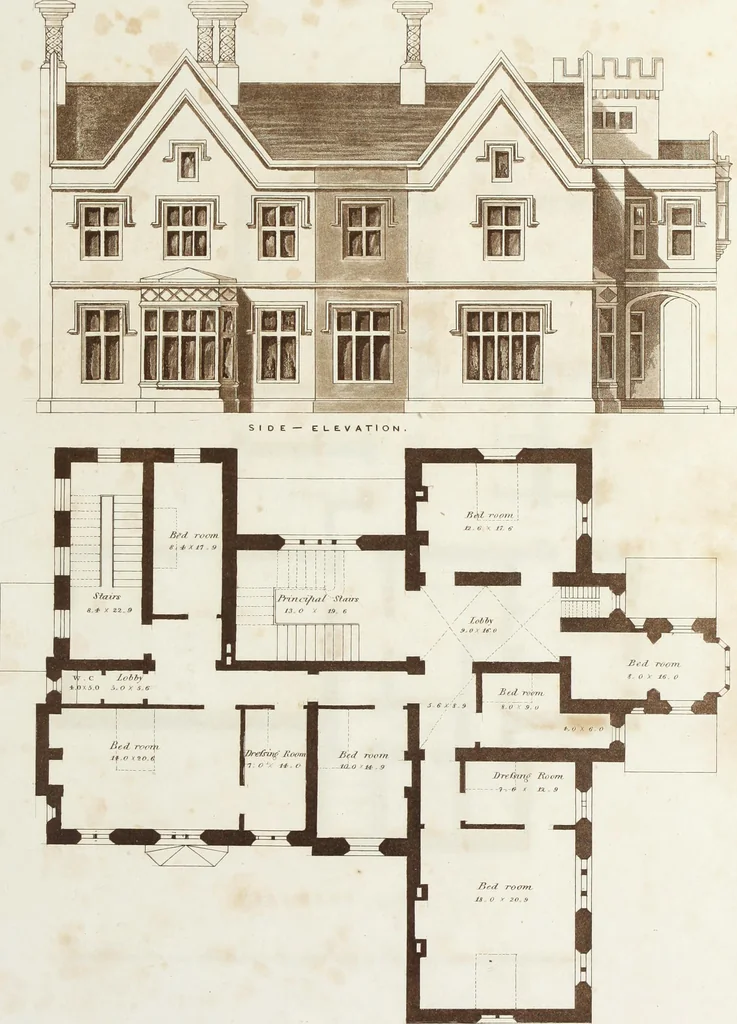 An illustration from Domestic architecture, being a series of designs for mansions, villas, rectory houses, parsonage houses, bailiffs' lodge, gardener's lodge, game-keeper's lodge, park gate lodges, etc. in the Grecian, Italian, and old English styles of architecture. With observations on the appropriate choice of site; the whole designed with strict reference to the practicability of erection, and with due attention to the important consideration of uniting elegance, convenience and domestic comfort with economy ... With accurate estimates appended to each design, 1833, leaf 51
