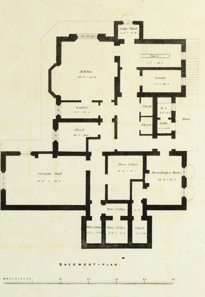 An illustration from Domestic architecture, being a series of designs for mansions, villas, rectory houses, parsonage houses, bailiffs' lodge, gardener's lodge, game-keeper's lodge, park gate lodges, etc. in the Grecian, Italian, and old English styles of architecture. With observations on the appropriate choice of site; the whole designed with strict reference to the practicability of erection, and with due attention to the important consideration of uniting elegance, convenience and domestic comfort with economy ... With accurate estimates appended to each design, 1833, leaf 53