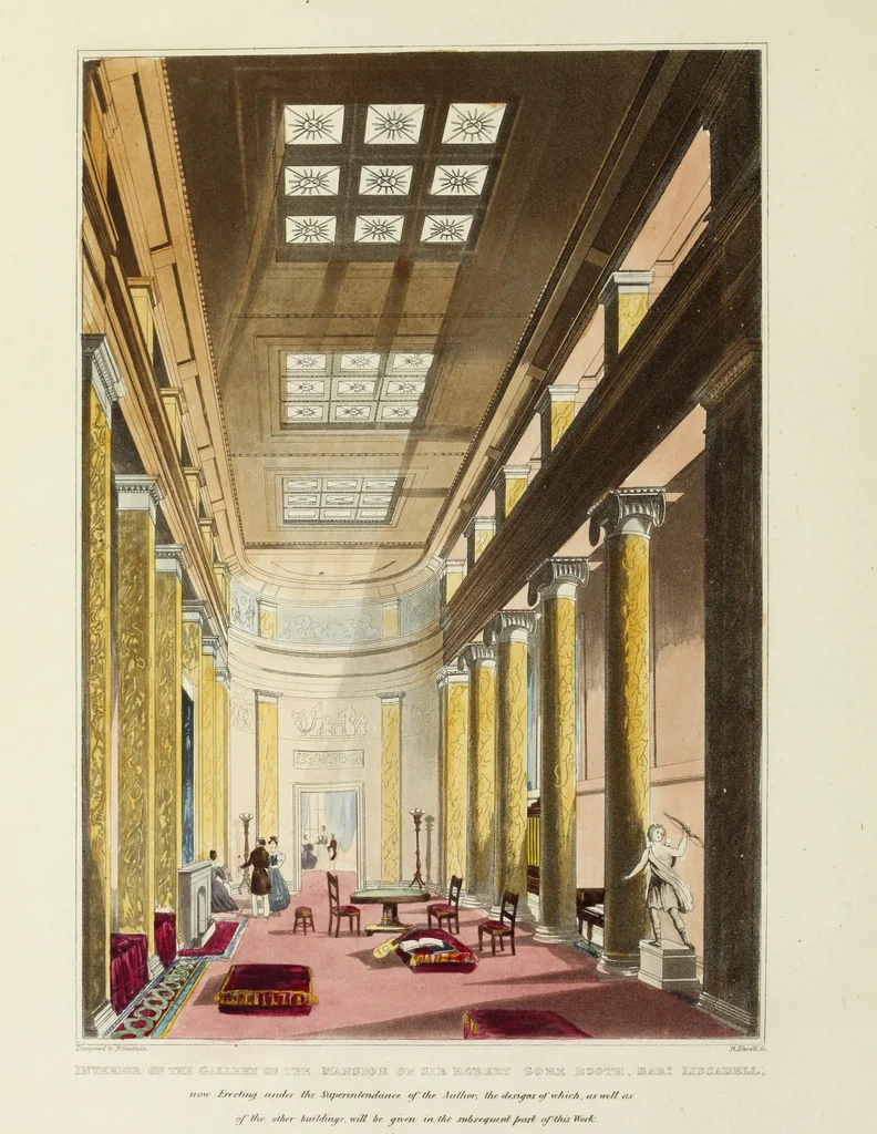 An illustration from Domestic architecture, being a series of designs for mansions, villas, rectory houses, parsonage houses, bailiffs' lodge, gardener's lodge, game-keeper's lodge, park gate lodges, etc. in the Grecian, Italian, and old English styles of architecture. With observations on the appropriate choice of site; the whole designed with strict reference to the practicability of erection, and with due attention to the important consideration of uniting elegance, convenience and domestic comfort with economy ... With accurate estimates appended to each design, 1833, leaf 6