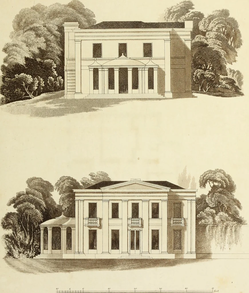 An illustration from Domestic architecture, being a series of designs for mansions, villas, rectory houses, parsonage houses, bailiffs' lodge, gardener's lodge, game-keeper's lodge, park gate lodges, etc. in the Grecian, Italian, and old English styles of architecture. With observations on the appropriate choice of site; the whole designed with strict reference to the practicability of erection, and with due attention to the important consideration of uniting elegance, convenience and domestic comfort with economy ... With accurate estimates appended to each design, 1833, leaf 61