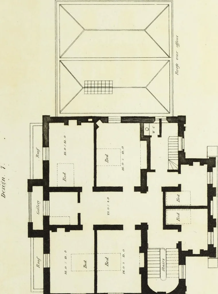 An illustration from Domestic architecture, being a series of designs for mansions, villas, rectory houses, parsonage houses, bailiffs' lodge, gardener's lodge, game-keeper's lodge, park gate lodges, etc. in the Grecian, Italian, and old English styles of architecture. With observations on the appropriate choice of site; the whole designed with strict reference to the practicability of erection, and with due attention to the important consideration of uniting elegance, convenience and domestic comfort with economy ... With accurate estimates appended to each design, 1833, leaf 63