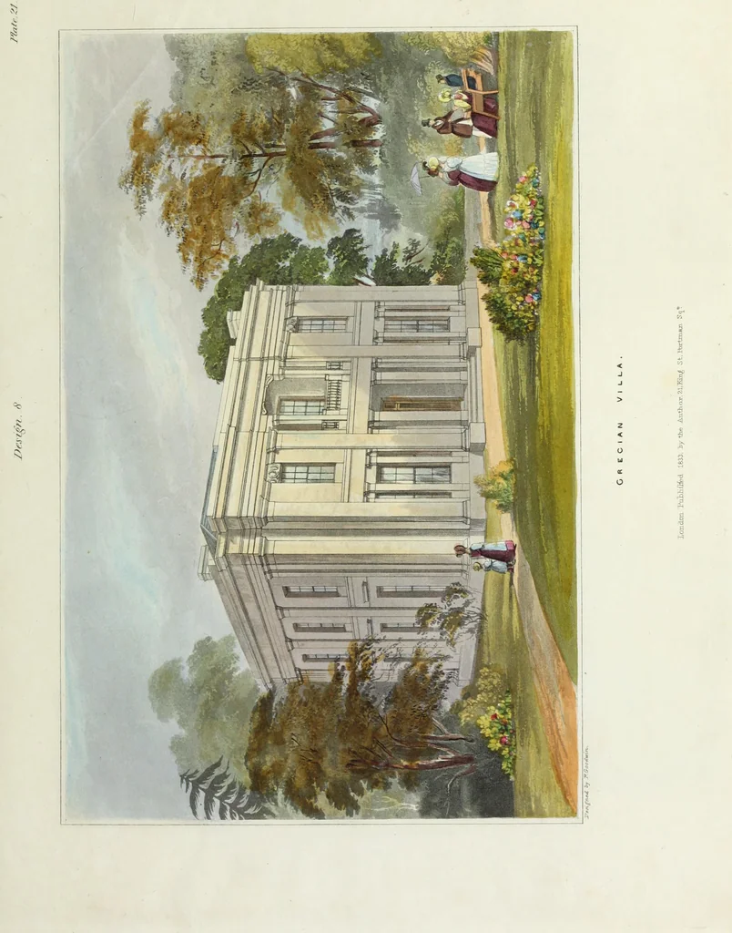 An illustration from Domestic architecture, being a series of designs for mansions, villas, rectory houses, parsonage houses, bailiffs' lodge, gardener's lodge, game-keeper's lodge, park gate lodges, etc. in the Grecian, Italian, and old English styles of architecture. With observations on the appropriate choice of site; the whole designed with strict reference to the practicability of erection, and with due attention to the important consideration of uniting elegance, convenience and domestic comfort with economy ... With accurate estimates appended to each design, 1833, leaf 67