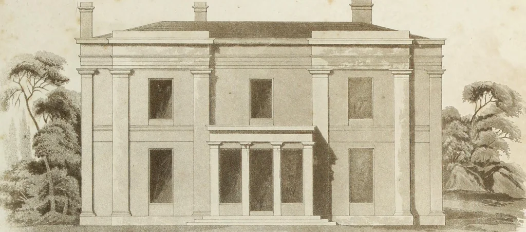 An illustration from Domestic architecture, being a series of designs for mansions, villas, rectory houses, parsonage houses, bailiffs' lodge, gardener's lodge, game-keeper's lodge, park gate lodges, etc. in the Grecian, Italian, and old English styles of architecture. With observations on the appropriate choice of site; the whole designed with strict reference to the practicability of erection, and with due attention to the important consideration of uniting elegance, convenience and domestic comfort with economy ... With accurate estimates appended to each design, 1833, leaf 69