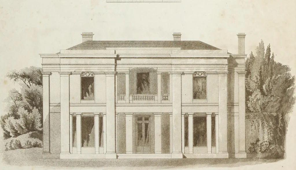 An illustration from Domestic architecture, being a series of designs for mansions, villas, rectory houses, parsonage houses, bailiffs' lodge, gardener's lodge, game-keeper's lodge, park gate lodges, etc. in the Grecian, Italian, and old English styles of architecture. With observations on the appropriate choice of site; the whole designed with strict reference to the practicability of erection, and with due attention to the important consideration of uniting elegance, convenience and domestic comfort with economy ... With accurate estimates appended to each design, 1833, leaf 69
