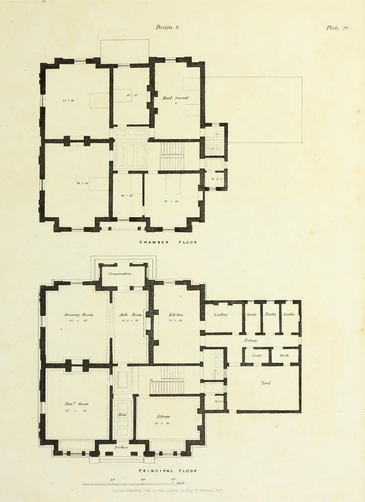 An illustration from Domestic architecture, being a series of designs for mansions, villas, rectory houses, parsonage houses, bailiffs' lodge, gardener's lodge, game-keeper's lodge, park gate lodges, etc. in the Grecian, Italian, and old English styles of architecture. With observations on the appropriate choice of site; the whole designed with strict reference to the practicability of erection, and with due attention to the important consideration of uniting elegance, convenience and domestic comfort with economy ... With accurate estimates appended to each design, 1833, leaf 71