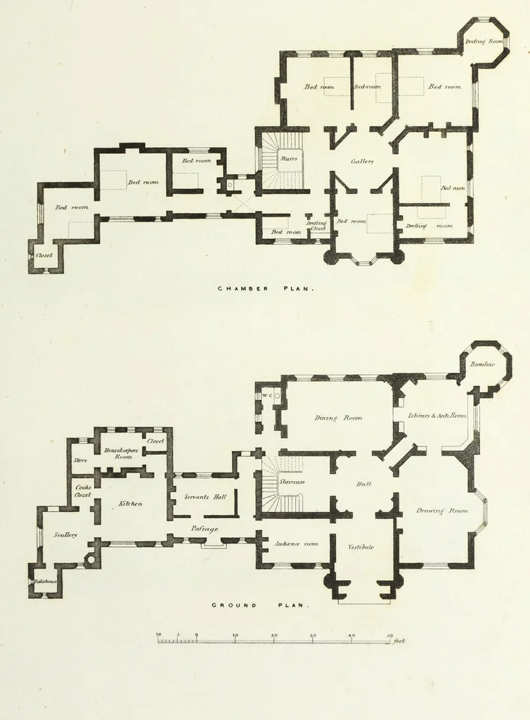 An illustration from Domestic architecture, being a series of designs for mansions, villas, rectory houses, parsonage houses, bailiffs' lodge, gardener's lodge, game-keeper's lodge, park gate lodges, etc. in the Grecian, Italian, and old English styles of architecture. With observations on the appropriate choice of site; the whole designed with strict reference to the practicability of erection, and with due attention to the important consideration of uniting elegance, convenience and domestic comfort with economy ... With accurate estimates appended to each design, 1833, leaf 77