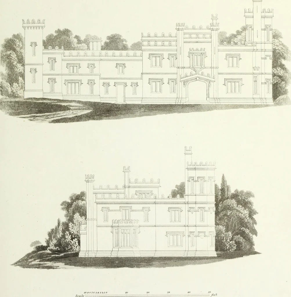 An illustration from Domestic architecture, being a series of designs for mansions, villas, rectory houses, parsonage houses, bailiffs' lodge, gardener's lodge, game-keeper's lodge, park gate lodges, etc. in the Grecian, Italian, and old English styles of architecture. With observations on the appropriate choice of site; the whole designed with strict reference to the practicability of erection, and with due attention to the important consideration of uniting elegance, convenience and domestic comfort with economy ... With accurate estimates appended to each design, 1833, leaf 79