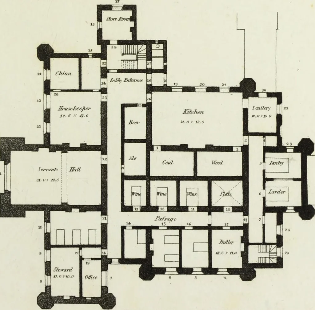 An illustration from Domestic architecture, being a series of designs for mansions, villas, rectory houses, parsonage houses, bailiffs' lodge, gardener's lodge, game-keeper's lodge, park gate lodges, etc. in the Grecian, Italian, and old English styles of architecture. With observations on the appropriate choice of site; the whole designed with strict reference to the practicability of erection, and with due attention to the important consideration of uniting elegance, convenience and domestic comfort with economy ... With accurate estimates appended to each design, 1833, leaf 85
